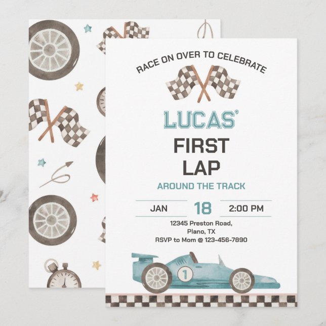 Invitation Race Car First Lap Around the Track Birthday Party (Devant / Derrière)