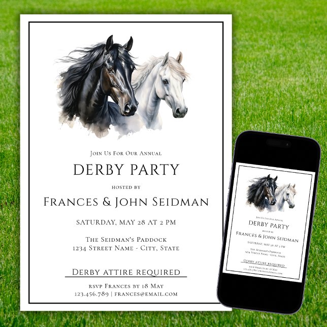 Invitation Race Horse Derby Party Simple Élégant noir blanc (Créateur téléchargé)