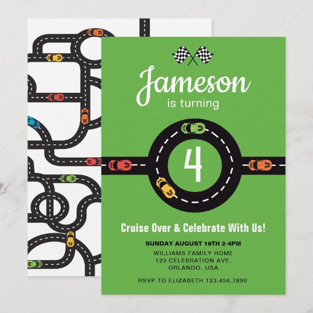 Invitation Race Track Boys 4th Birthday Green (Devant / Derrière)