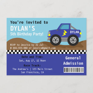 Invitation Racing Blue Monster Truck Party, billet d'entrée