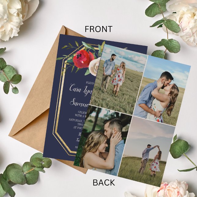 Invitation Radial Floral Navy Blue Burgundy Photo Mariage (Créateur téléchargé)