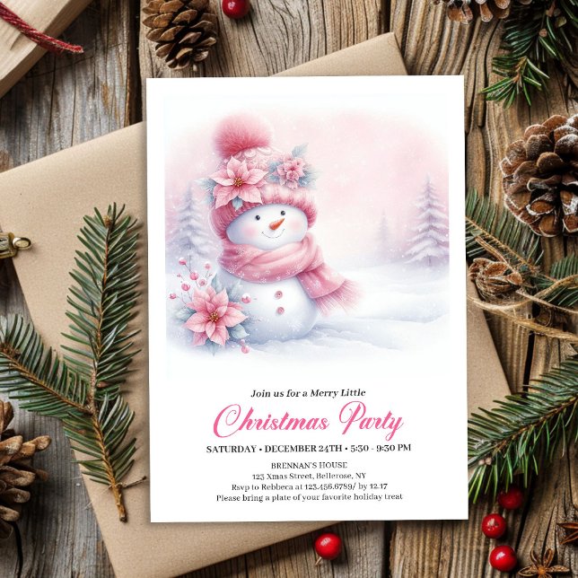 Invitation Radiant Pink Snowman Digital Kids Christmas Party  (Radiant Pink Snowman Digital Kids Christmas Party Invite)