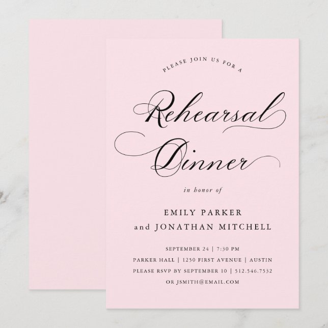 Invitation Raffiné | Calligraphie Blush Pink Rehearer Dîner (Devant / Derrière)