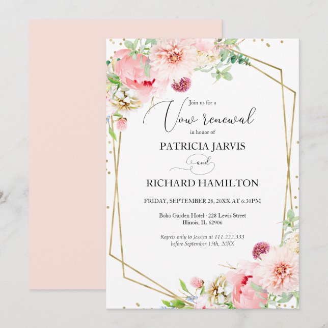 Invitation Raffinement Floral Élégant Géométrique Renouvellem (Devant / Derrière)