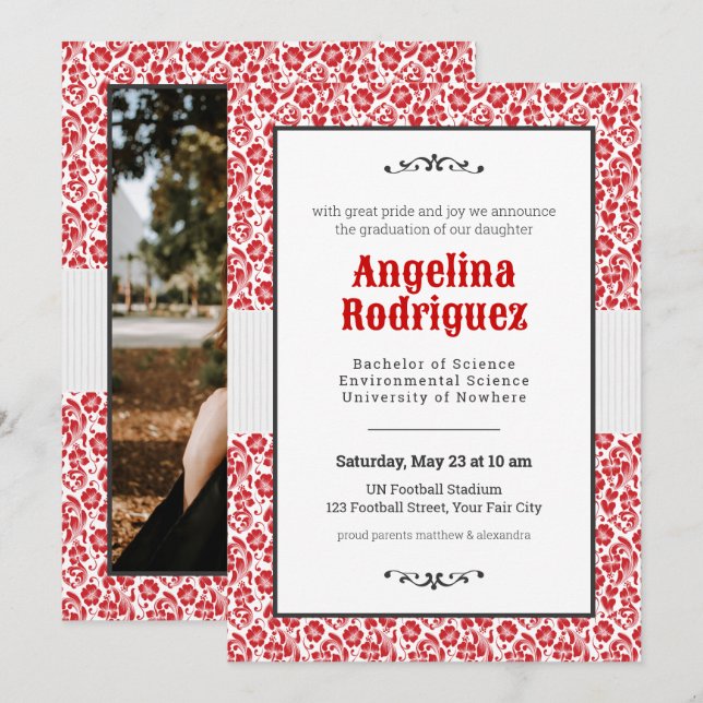 Invitation Raider Red Floral Damask Photo Graduation (Devant / Derrière)