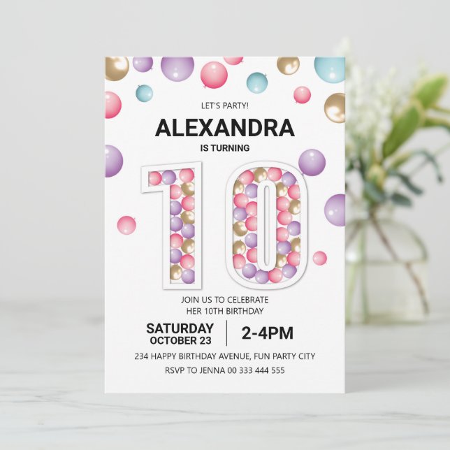 Invitation Rainbow 10th Birthday Party, fille rose en ballon (Debout devant)