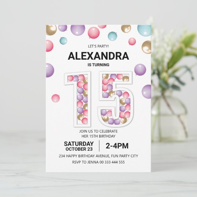 Invitation Rainbow 15th Birthday Party, fille en ballon rose (Debout devant)