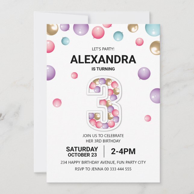 Invitation Rainbow 3e fête d'anniversaire, fille en ballons r (Devant)