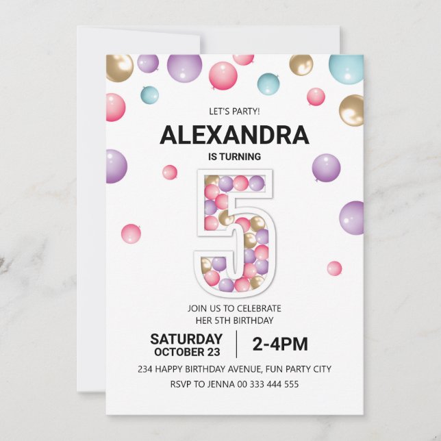 Invitation Rainbow 5th Birthday Party, fille en ballon rose (Devant)