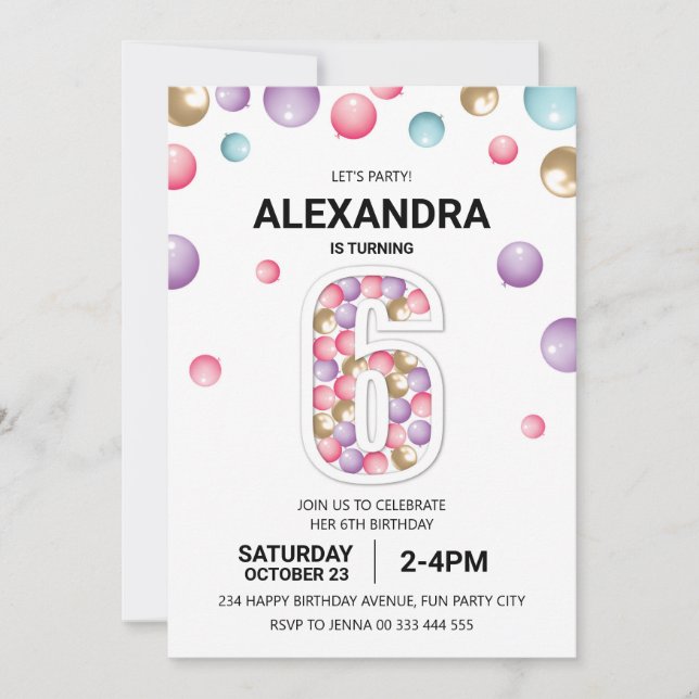 Invitation Rainbow 6th Birthday Party, fille en ballon rose (Devant)