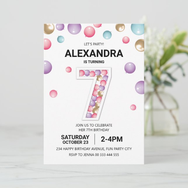 Invitation Rainbow 7th Birthday Party, fille en ballon rose (Debout devant)