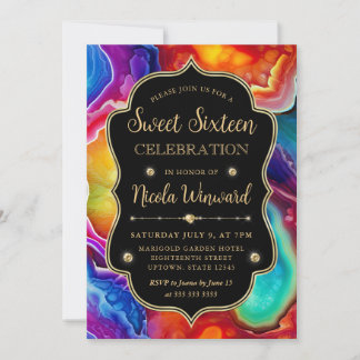 Invitation Rainbow Agate Swirl Elegant Black Sweet 16