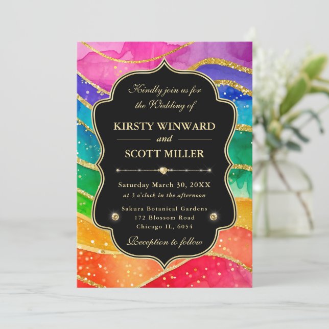 Invitation Rainbow Alcohol Ink Gold Glitter Wedding (Debout devant)
