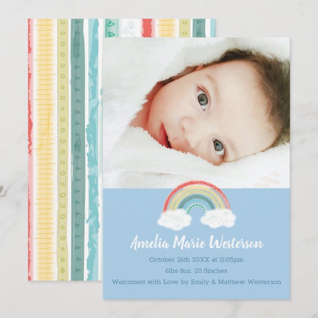 Invitation Rainbow Baby shower Blue Boy (Devant / Derrière)