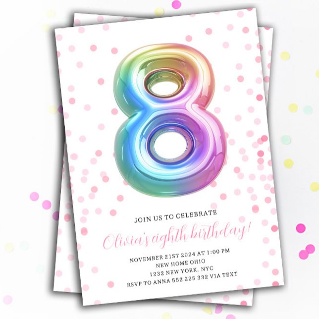 Invitation Rainbow Balloon 8th Birthday Girl Party Numéro (8th Rainbow Balloon Number Birthday Invitation)