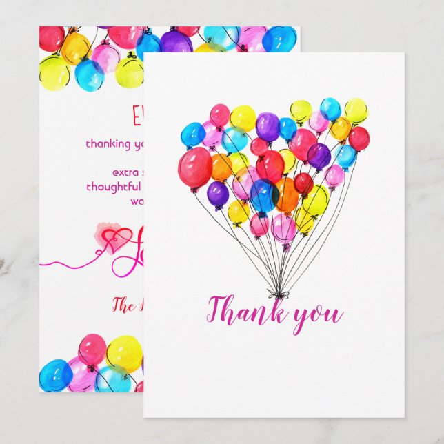 Invitation Rainbow BALLOON fille 1er anniversaire Merci rose (Devant / Derrière)