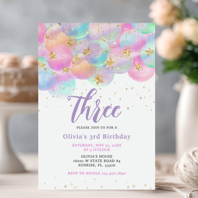 Invitation Rainbow Balloon rose 3e anniversaire (Créateur téléchargé)