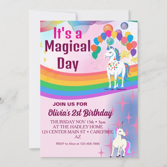 Invitation Rainbow Balloons Unicorn rose fête d'anniversaire  (Devant)