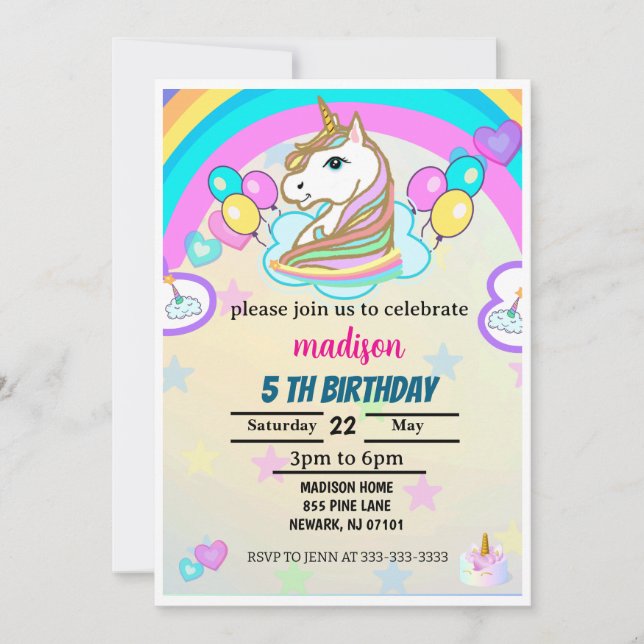 Invitation Rainbow Balloons Unicorn rose fête d'anniversaire  (Devant)