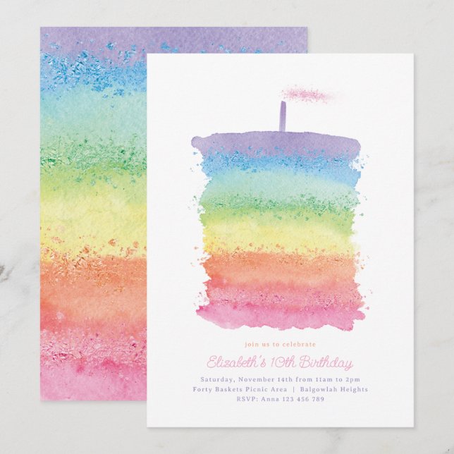Invitation Rainbow Birthday Cake Invitation, Rainbow 1st Part (Devant / Derrière)