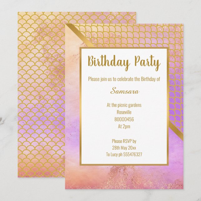 INVITATION RAINBOW BLUR GOLD MERMAID ÉCHELLE ANNIVERSAIRE (Devant / Derrière)