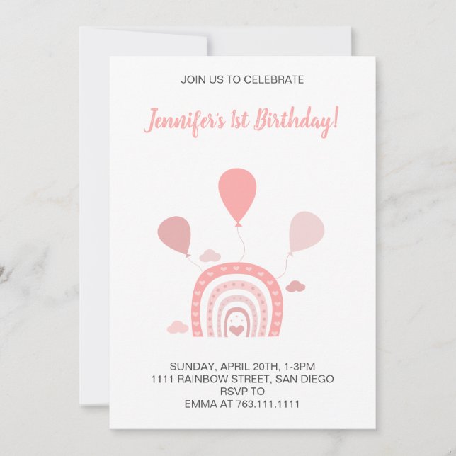 Invitation Rainbow Boho Pastel rose Premier anniversaire Phot (Devant)