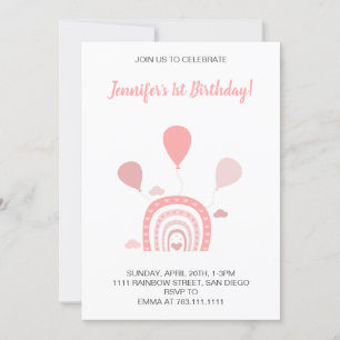 Invitation Rainbow Boho Pastel rose Premier anniversaire Phot