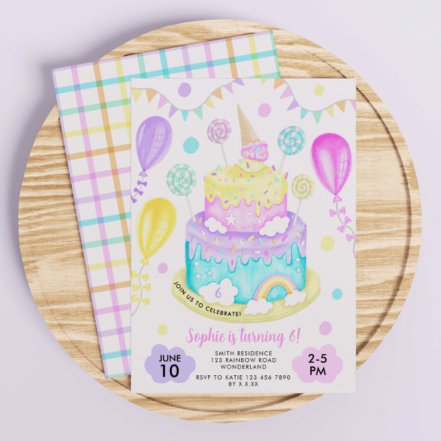 Invitation Rainbow Cake Anniversaire Fête Pour Filles (Girls' Rainbow Cake Birthday Invitation)