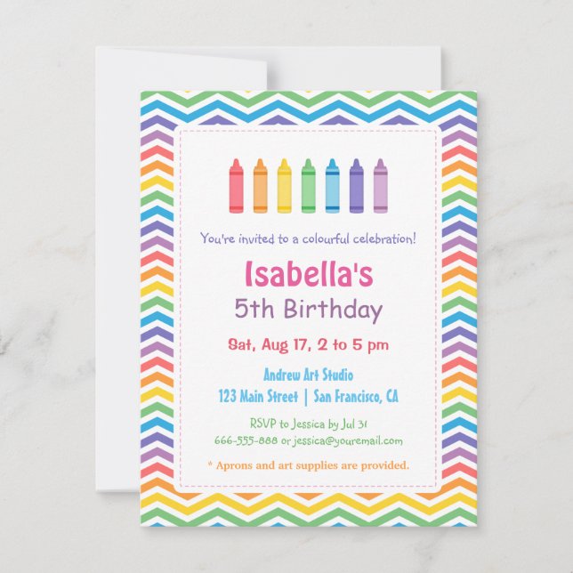 Invitation Rainbow Chevron Crayons Arts Anniversaire de enfan (Devant)
