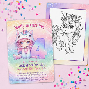 Invitation Rainbow chibi fille, Unicorn 4e anniversaire