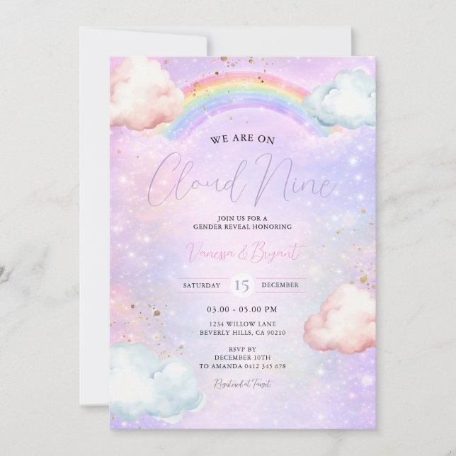 Invitation Rainbow Cloud Blush Gender Reveal Glitter (Devant)