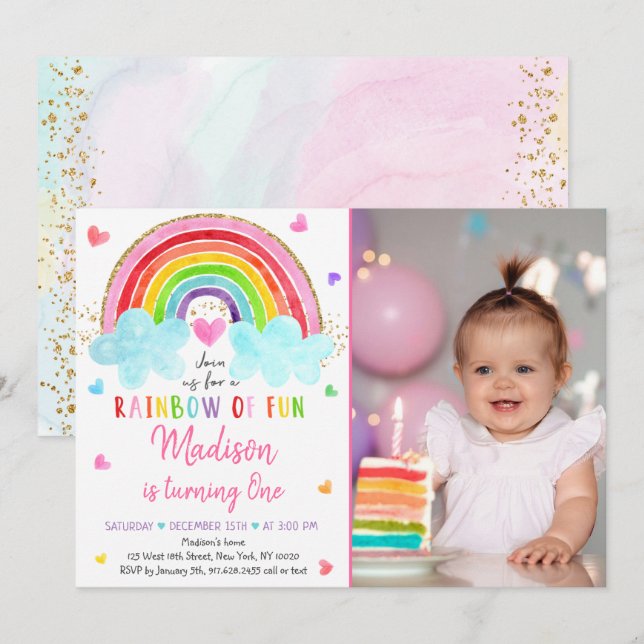 Invitation Rainbow Cloud Hearts Aquarelle Anniversaire (Devant / Derrière)