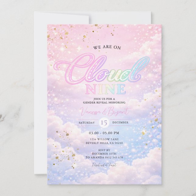 Invitation Rainbow Cloud Nine Sky Glitter Gender Reveal  (Devant)