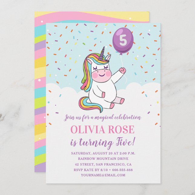 Invitation Rainbow Confetti Cute Rose Unicorne fête d'anniver (Devant / Derrière)