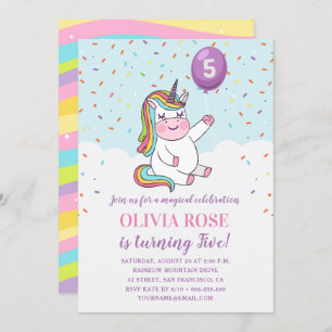 Invitation Rainbow Confetti Cute Rose Unicorne fête d'anniver