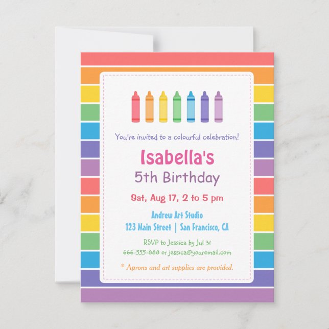 Invitation Rainbow Crayons Arts Artisanat Anniversaire de enf (Devant)