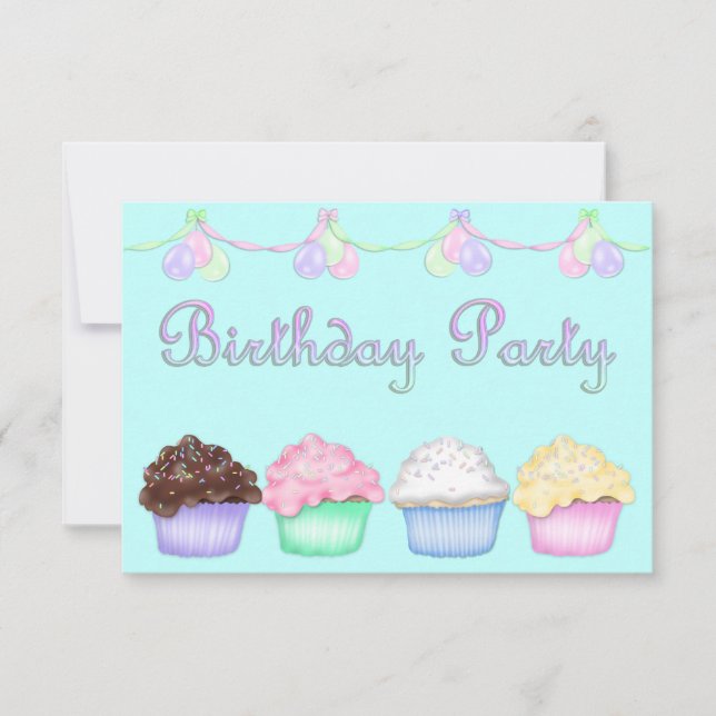INVITATION RAINBOW CUPCAKES AQUA ANNIVERSAIRE DE FÊTE INVITAT (Devant)