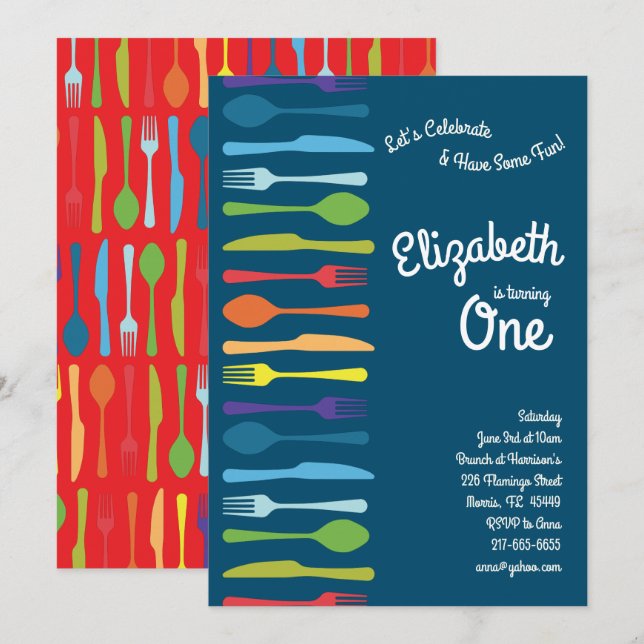 Invitation Rainbow Cutlery Cute Anniversaire Pique-Nique Cook (Devant / Derrière)