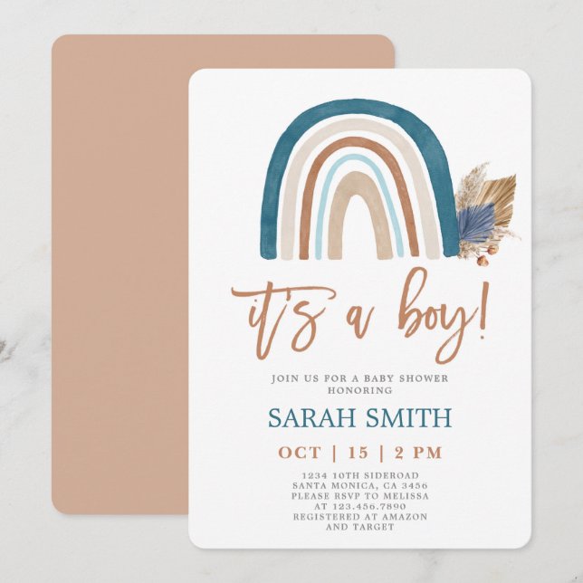 Invitation Rainbow Dusty Baby shower bleu boho garçon (Devant / Derrière)