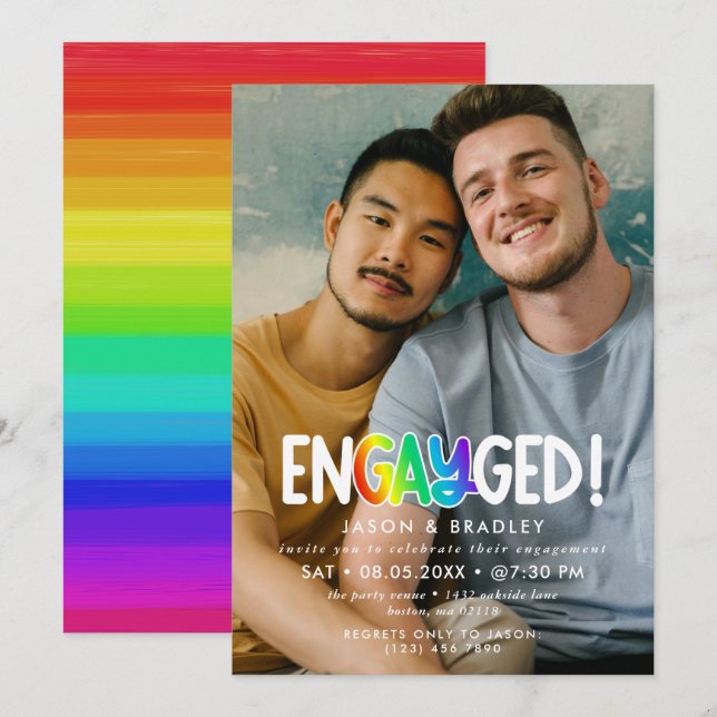 Invitation Rainbow Engayed Big Photo Gay Engagement Party (Devant / Derrière)