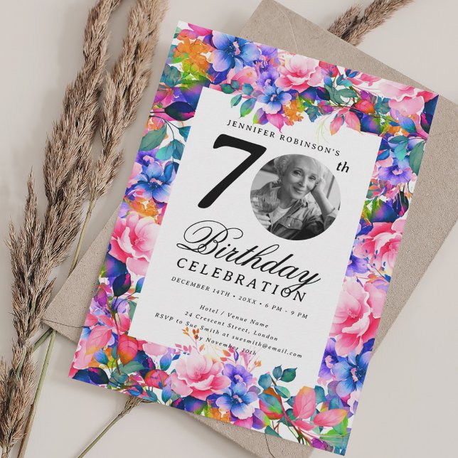 Invitation Rainbow Floral Garden Photo 70th Birthday Party (Rainbow Floral Garden Photo 70th Birthday Party Invitation)