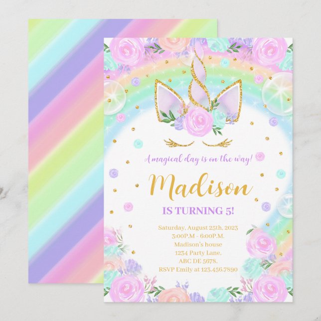 Invitation Rainbow Floral Unicorn Anniversaire (Devant / Derrière)