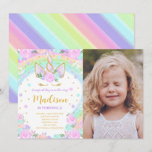 Invitation Rainbow Floral Unicorn Photo Anniversaire