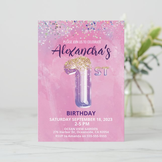 Invitation Rainbow Foil Balloon Girl 1er anniversaire Invitat (Debout devant)