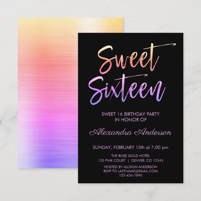 Invitation Rainbow Foil et Sweet sixteen noir Anniversaire (Devant / Derrière)