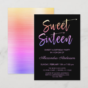 Invitation Rainbow Foil et Sweet sixteen noir Anniversaire