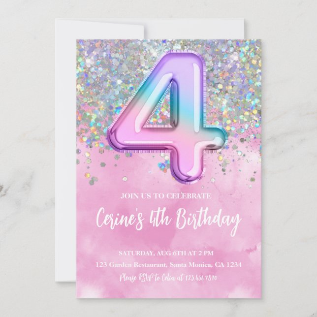Invitation Rainbow Foil Girl 4e anniversaire (Devant)