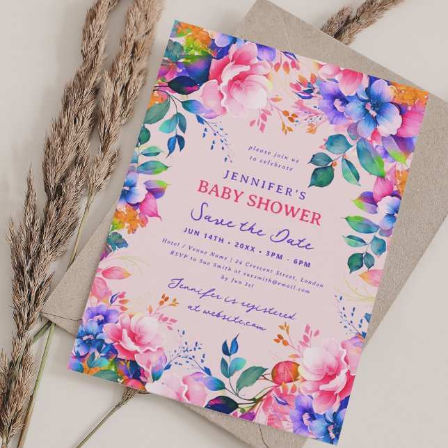 Invitation Rainbow Garden Floral Baby Douche Enregistrer Date (Rainbow Garden Floral Baby Shower Save Date Blush Invitation)