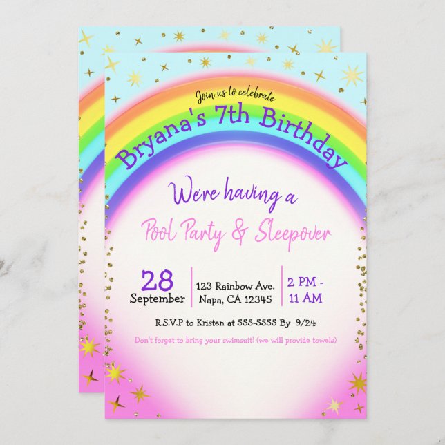 Invitation Rainbow Gold Sparkle Imaginaire fête d'anniversair (Devant / Derrière)
