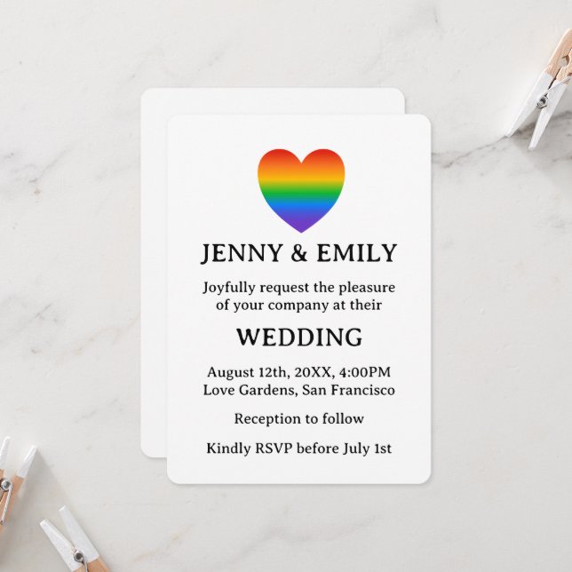 Invitation Rainbow Heart Fier Gay Lesbian Mariage (Devant/Arrière en situation)